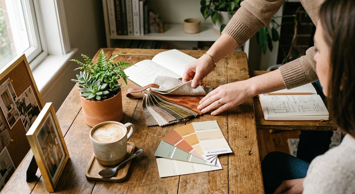 Designer carefully arranging fabric swatches and paint samples