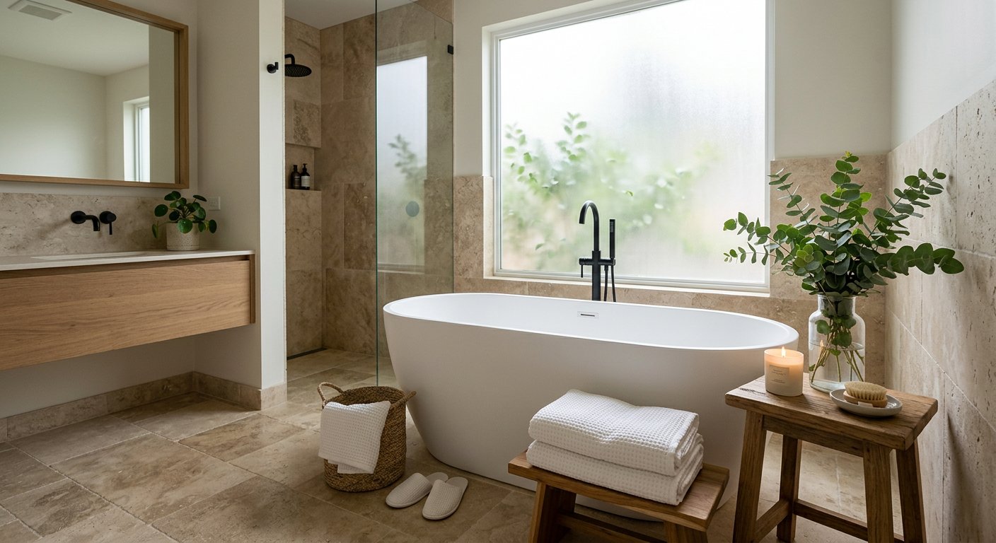 Serene renovated bathroom with freestanding bathtub