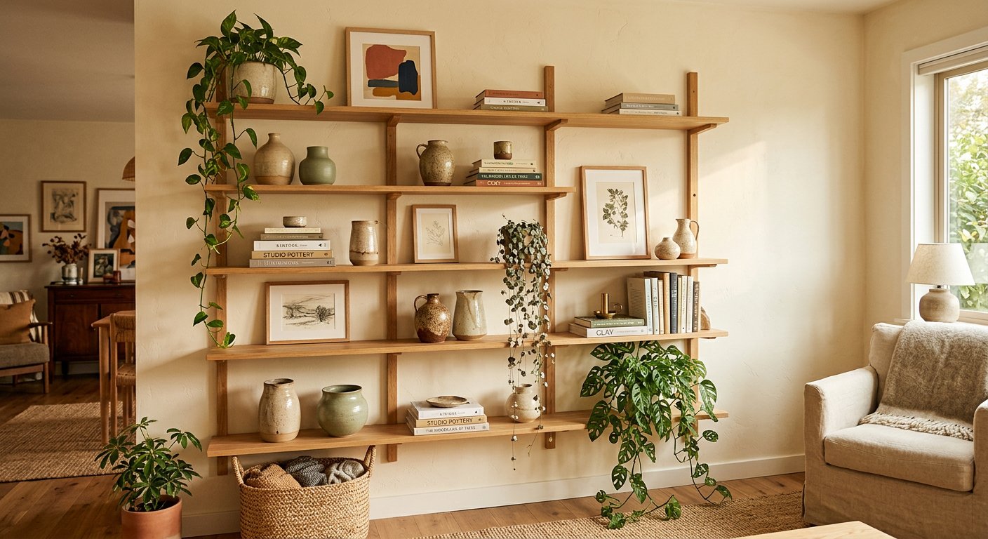 Styled wooden shelf with vases, books and plants