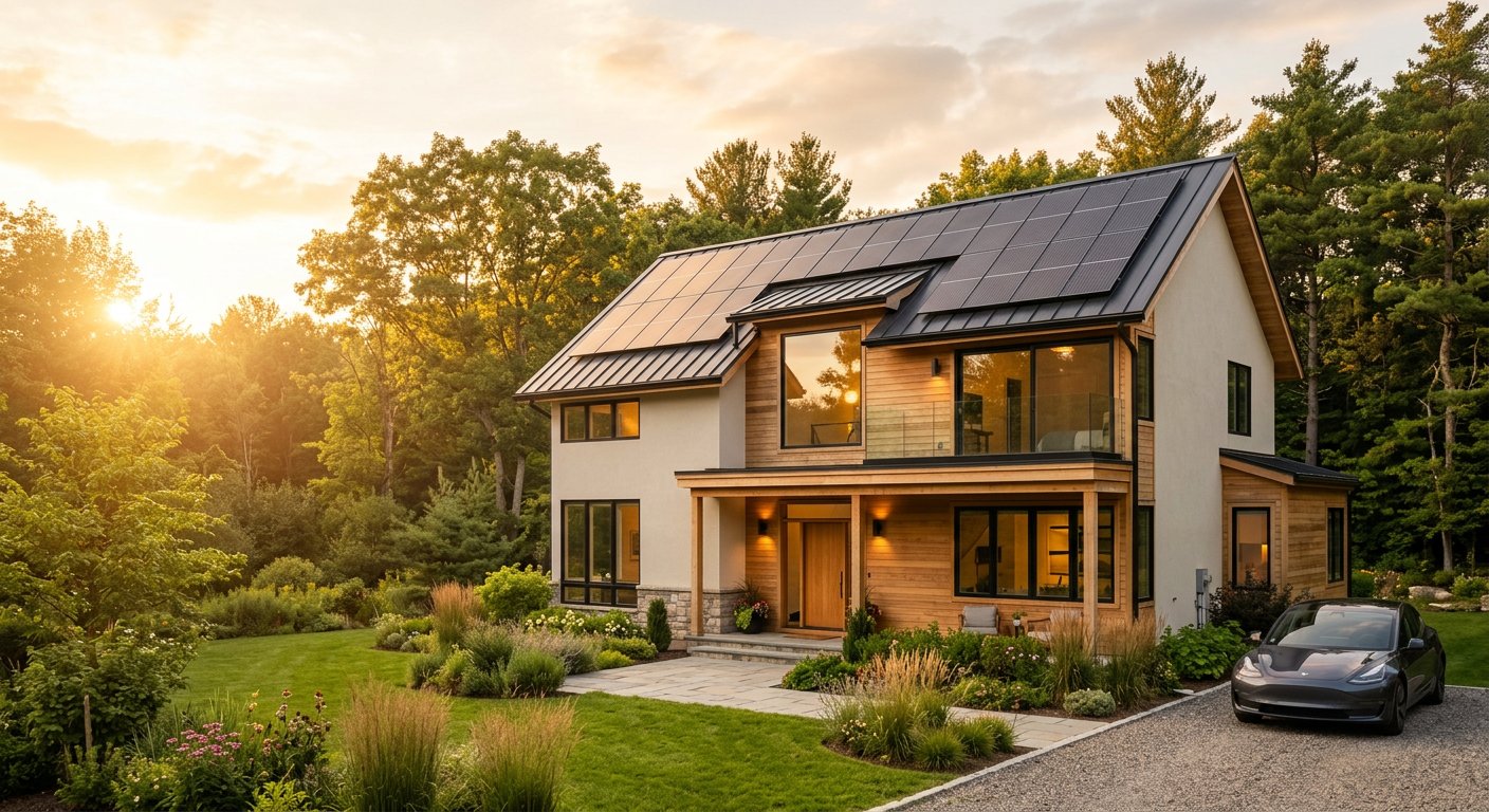 House with solar panels on the roof at golden hour