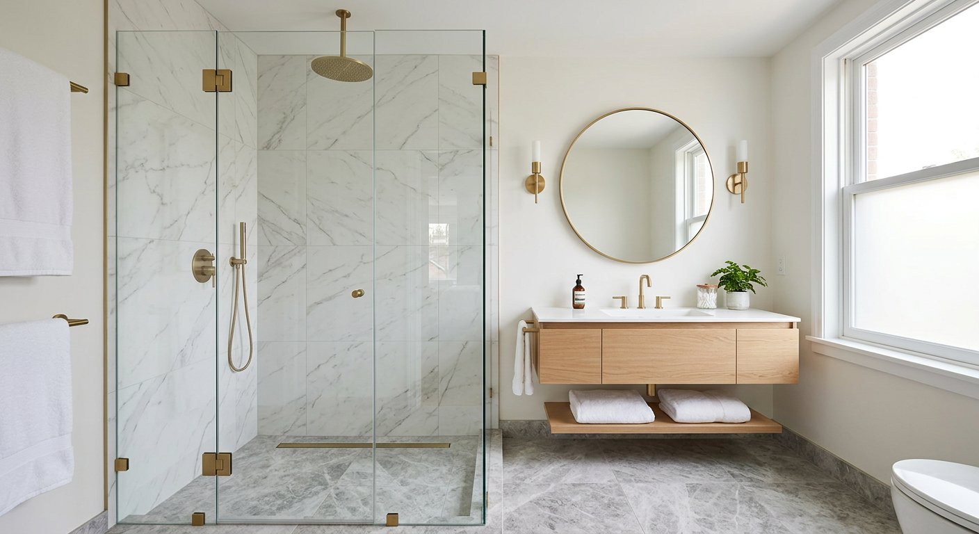 Bright modern remodeled bathroom with walk-in shower