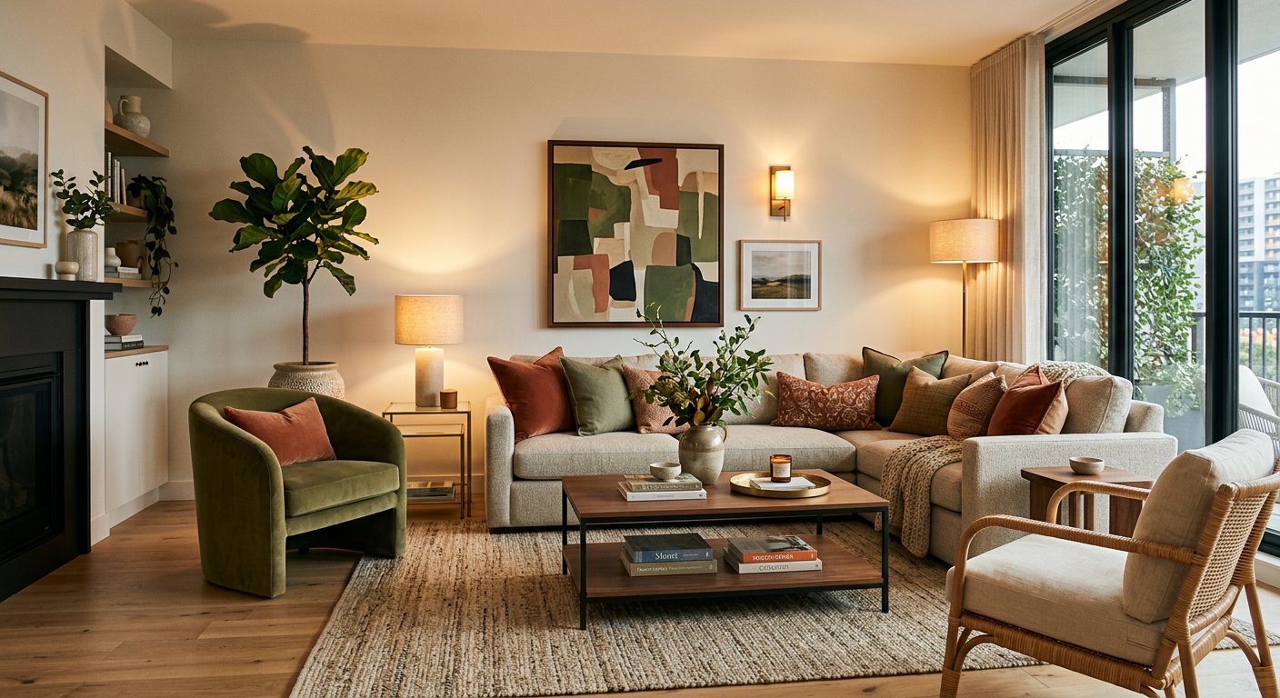 Warmly styled living room interior