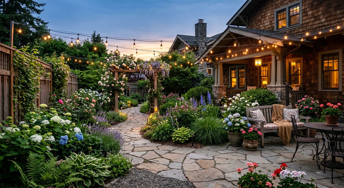 Landscaped garden with patio and string lights at dusk