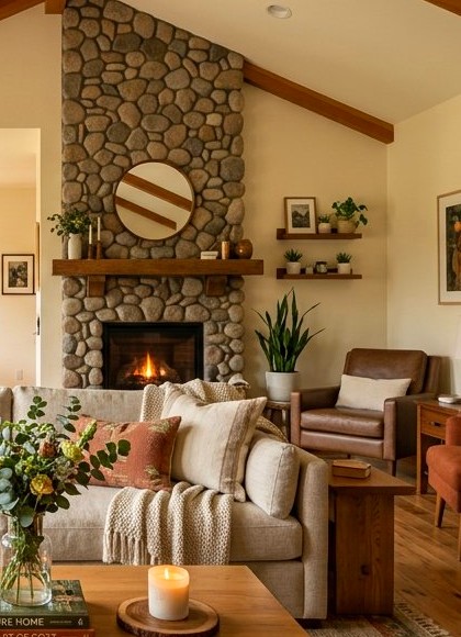 Cozy stone fireplace inside a warm living room