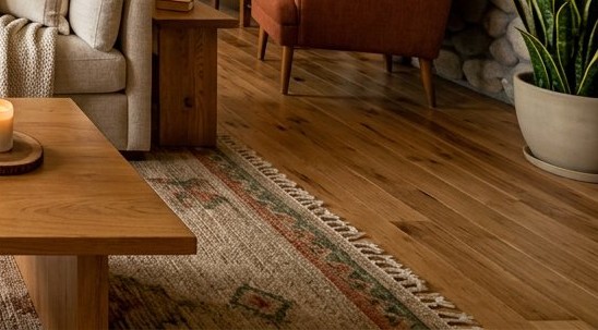 Warm hardwood flooring in a bright living space