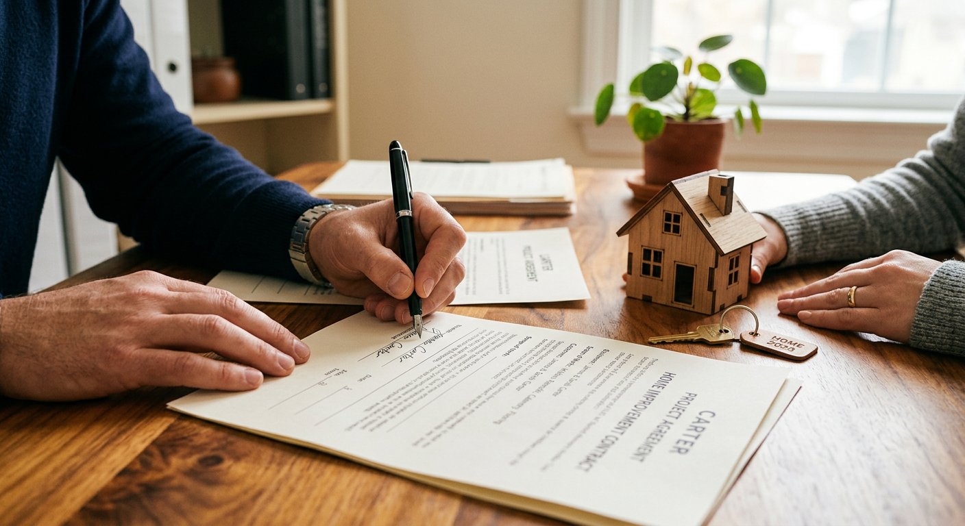 Hands signing home improvement paperwork with a house key nearby