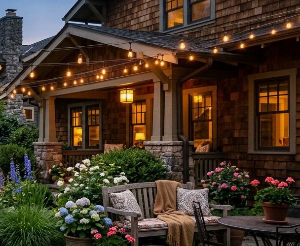 Home with glowing porch lights at dusk