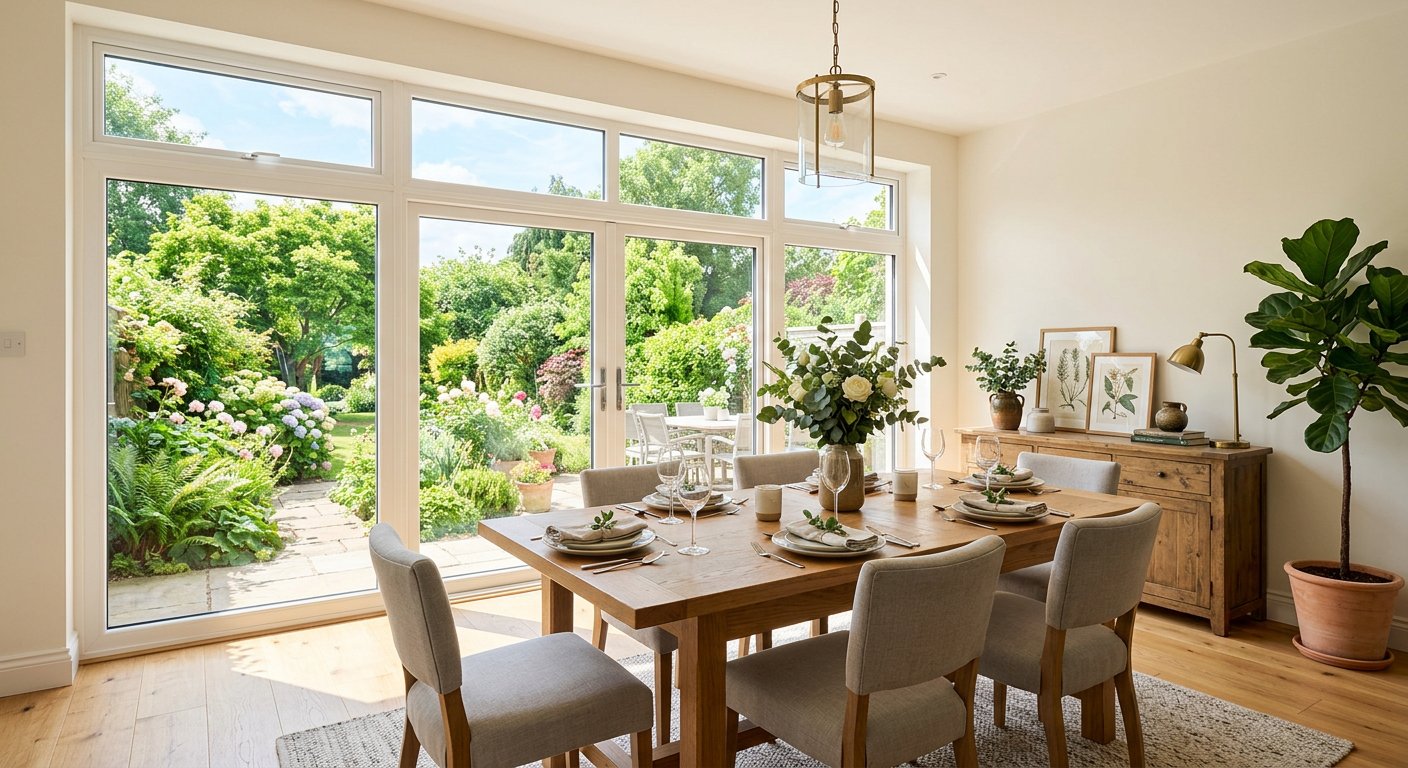 Sunlit dining room with large energy efficient windows